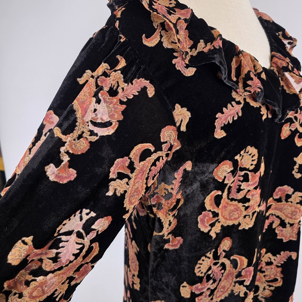 Downeast Dress L Black Paisley Floral Holly Velvet Burnout Ruffle Neckline NWT - Picture 3 of 8